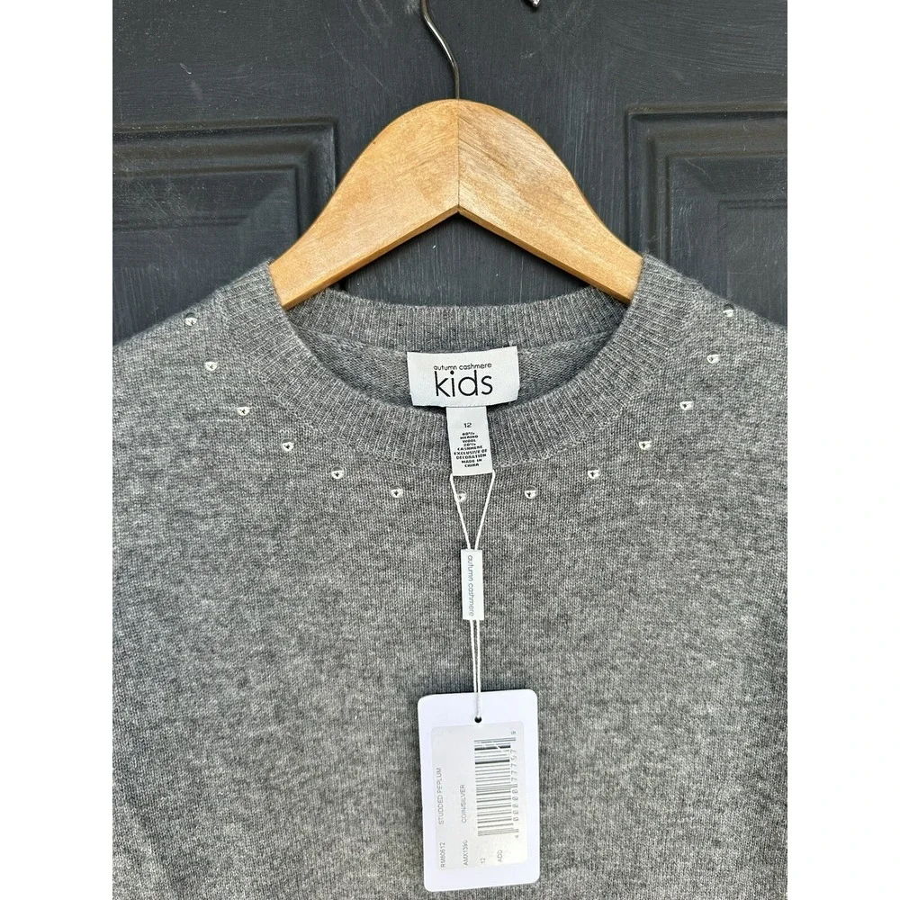 Autumn Cashmere Kids Studded Peplum Sweater‎ Coin Silver Gray Size 12 NWT